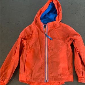 LLBean Kids Discovery orange LLBean rain jacket.